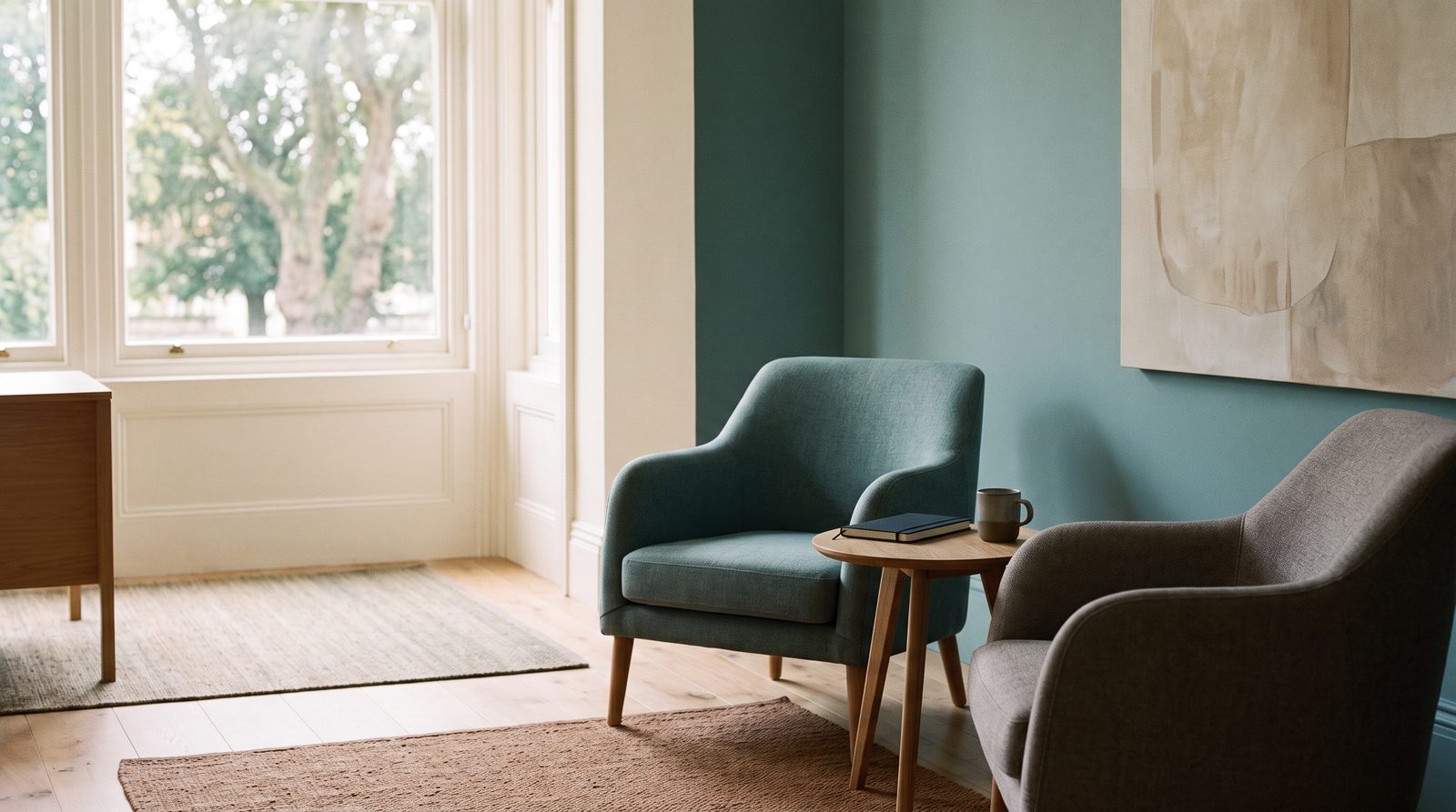 Calm professional consultation room with natural daylight