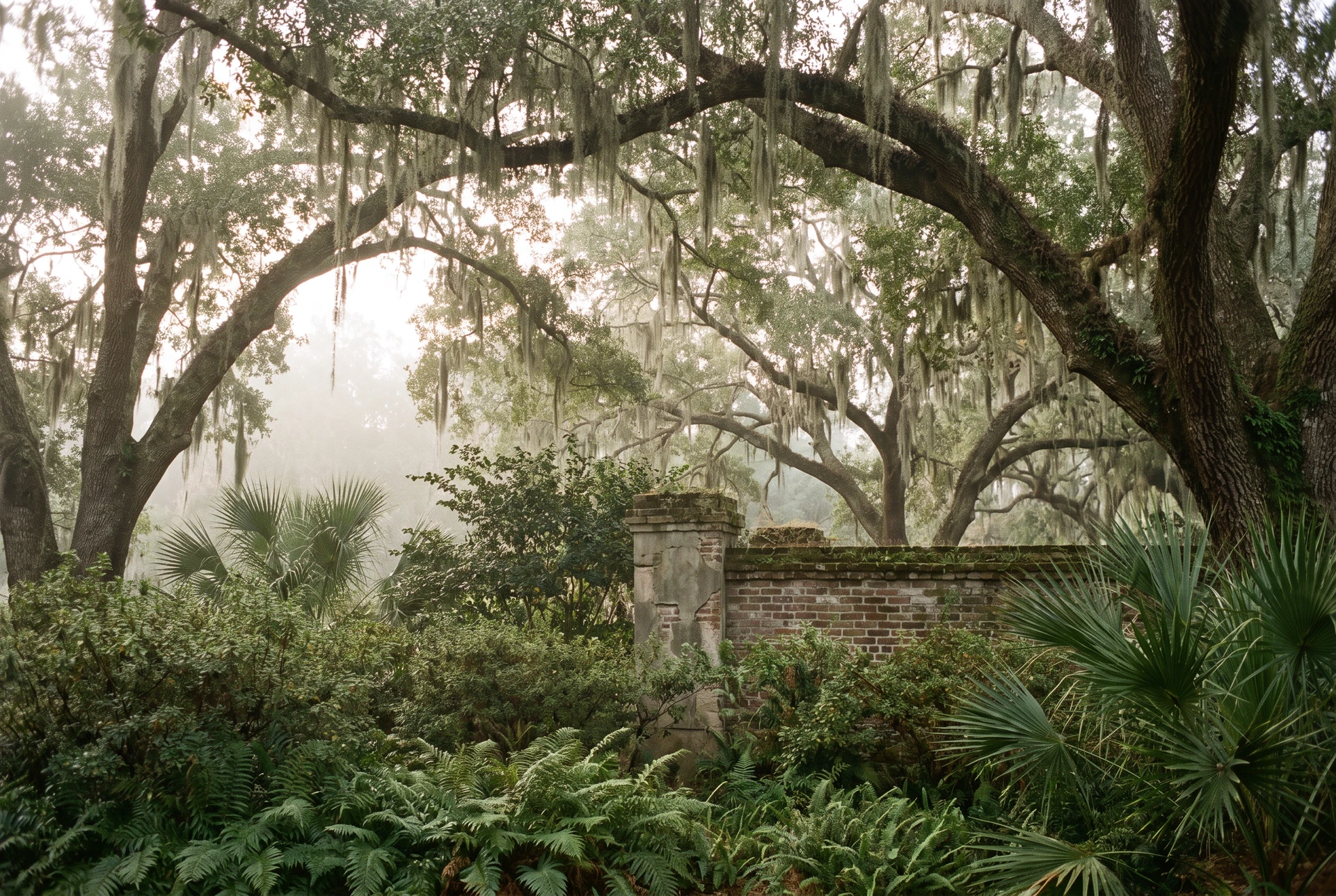 Mature live oaks and layered greenery in a quiet Georgia landscape
